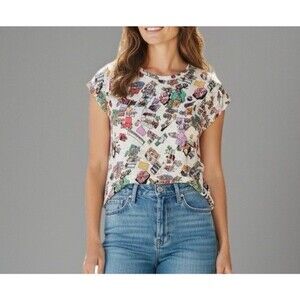 Nicole Miller Slub Linen T Shirt Bright Colorful Beach Motif  size L